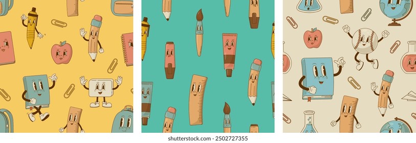 Set of school seamless pattern with retro cartoon characters. Pen, pencil, brush book, globe, ball mascot. Education, stationary shop background, wrapping paper. 