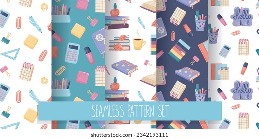 Set of school seamless patterns digital paper.  Office stationery in doodle hand drawn style for design.