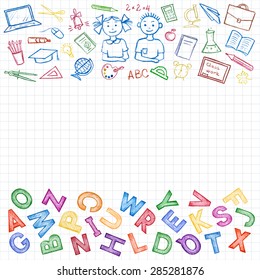 Set of school sign, symbol doodles elements and colorful ABC. Hand-drawn colored pencil on white  notebook background, vector illustration. 