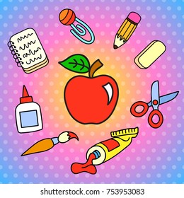 Set of school stationary elements on polka dot rainbow background