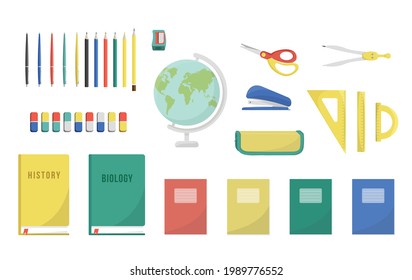 Set of school stationary: pencil sharpener, pencils, pens, triangle, ruler, protractor, eraser, the globe, textbook, tutorial, manual, schoolbook, notebook isolated on white background