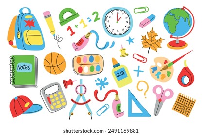 Set of school stationery and art supplies. Back to school. Vector flat illustration in hand drawn style.	