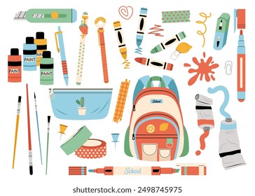 Set of school stationery and art supplies. Kawaii accessories for studying, student equipment. Back to school. School items in flat style.