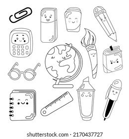 Set School Stationery Black and White, Globe, Eraser, Ruler, Marker, Brush, Pen, Glasses, Calculator, Textbook, Notepad Vector illustration