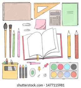 Set of school stationery. Colorful vector illustration in sketch style. Hand-drawn.