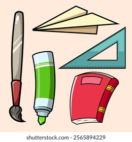 Set of school stationery icon stickers. Back to school concept supplies Illustration for learning, books, backpack, ruler, pencil