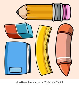 Set of school stationery icon stickers. Back to school concept supplies Illustration for learning, books, backpack, ruler, pencil