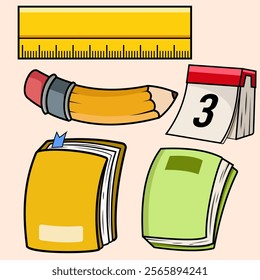 Set of school stationery icon stickers. Back to school concept supplies Illustration for learning, books, backpack, ruler, pencil