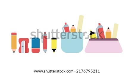 Set of school stationery icon for web. Simple stationery sign vector design. Minimalist pencil, sharpener, eraser, ballpoint pen, highlighter, pencil case, pen cup web icon isolated on white, logo