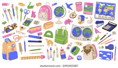 A set of school stationery and items for studying. Cute accessories for students. Items for learning, creativity and hobbies. Vector illustration isolated on transparent background.