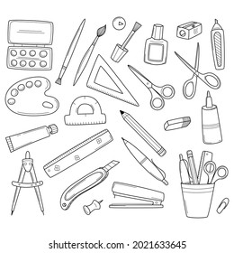 A set of school stationery and office supplies. Doodle icon set. Hand-drawn decorative elements. Black and white outline vector illustration. Isolated on a white background