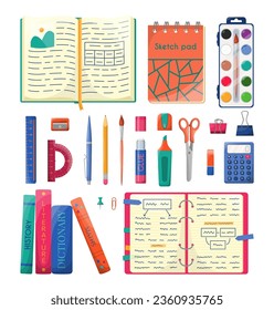 Set of school stationery or office supplies. Back to school and education concept. Tools for kids, pupils, students. Items collection for web design, educational study promotion ads, social media