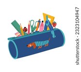 Set of school stationery in pencil box. Pens, pencils, rulers, marker, scissors, sharpener, clips in a pencil case. Hand drawn vector illustration isolated on white background, flat cartoon style.