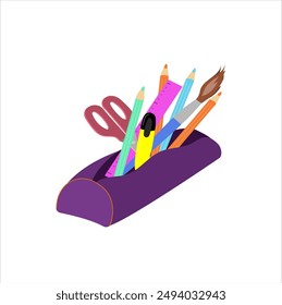 Set of school stationery in pencil box. Pens, pencils, rulers, marker, scissors, in a pencil case. Hand drawn vector illustration isolated on white background, flat cartoon style. Vector illustration