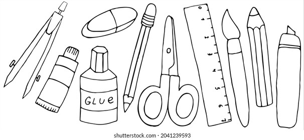 a set of school stationery - pencil case, ruler, paints, pencils, scissors, eraser, set of vector elements in doodle style with black outline, coloring book