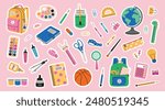 Set of school stationery stickers. Vector illustration, back to school