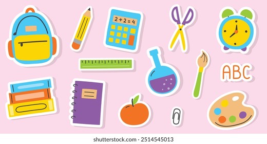 Set with school stickers. Cartoon supply icons. Vector illustration