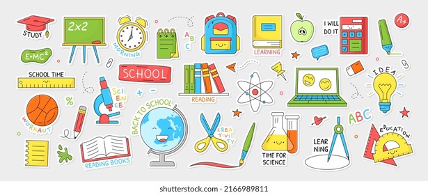 Set of School stickers. Colorful badges with books, globe, backpack, rulers, pencil and other school supplies. Design elements for printing. Cartoon flat vector collection isolated on gray background