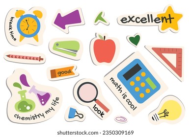 Set of school stickers in the flat cartoon design. A set of playful and colorful school stickers with creative designs and illustrations. Vector illustration.