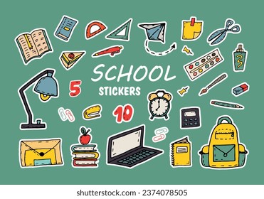 A set of school stickers - items and supplies for studying. Vector doodle illustration