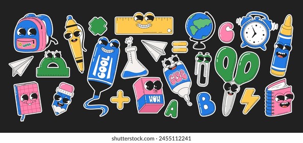 Set of school stickers supplies in groovy style. Retro characters with face in style of 60s 70s. Vector illustration.