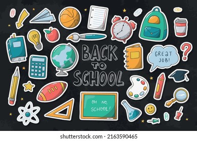 Set of school stickers with white edge isolated on blackboard background. Good for sublimation, prints, cards, planners, magnets, stationary, apparel decor. Back to school theme. EPS 10