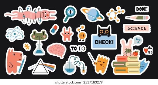 Set of school stickers with white outline, cutting line. Science research, Education and study concepts with cute characters. Trendy modern vector illustration on light background, hand drawn, flat