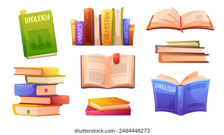 Set of school and student books, textbooks. Stack of books, bookshelf, open books. Vector icons