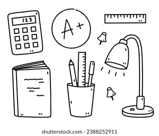 A set of school or student items - book or notebook, calculator, ruler, lamp, pins, glass with stationery. Vector hand-drawn illustration in doodle style. Perfect for logo, decorations, various design