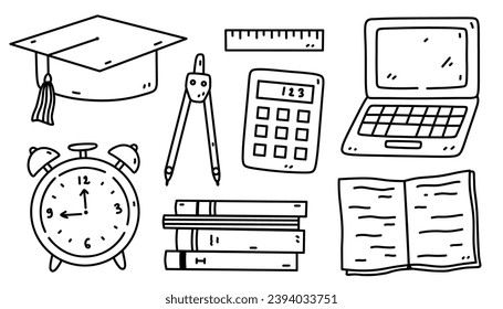 Set of school or student items - book, copybook, drawing compass, ruler, graduation hat, calculator, alarm clock, computer. Vector hand-drawn illustration in doodle style.Perfect for logo, decorations