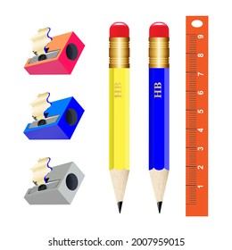 Set of school student pencil sharpener with shavings, pencil, ruler. Vector illustration of office supplies. Design for school poster, signboard, booklet, notebook