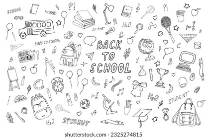 Set for school and students.Back to school illustration.School doodles, learning,chemistry,physics, lessons, time for learning, school tools set.Hand drawn art.