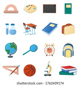 Set of school stuff desk globe, textbook, ruler flask alarm microscope and ball icon isolated on white, cartoon vector illustration. Welcome back to school supplies for study in college and institute.