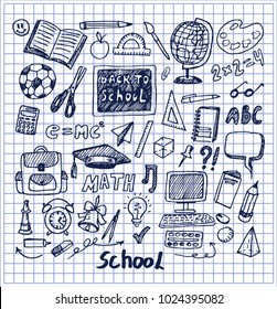 Set of school stuff hand drawn vector illustration with globus bell computer calculator pen pencil bag rubber and scissors isolated on bright backdrop