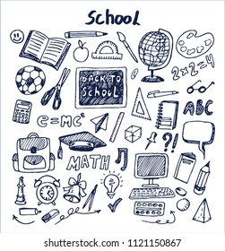Set of school stuff hand drawn vector illustration with globus bell computer calculator pen pencil bag rubber and scissors isolated on bright backdrop