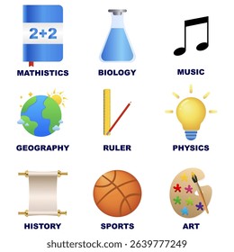 Set of school subject icons - colorful flat educational symbols for kids. Vector illustration