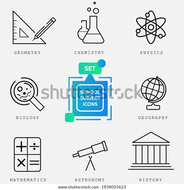 Set of school subject linear flat icon vector\
templates with black thin outlines for collage and academy,\
education and science, knowledge. Pixel perfect pictogram for\
student and pupil. Eps 10\
vector