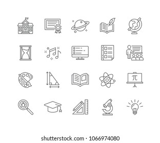 Set of School Subject outline icons isolated on white background.