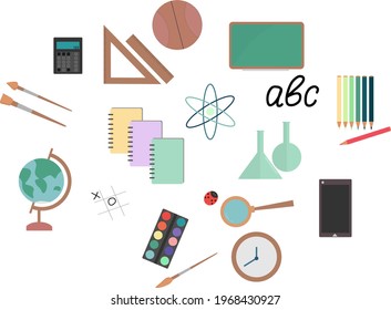 A set of school subjects. Cartoon items and accessories include: books, notebooks, a globe, a basketball, a clock, rulers, flasks, letters, colored pencils, brushes, paints, a game, a magnifying glass