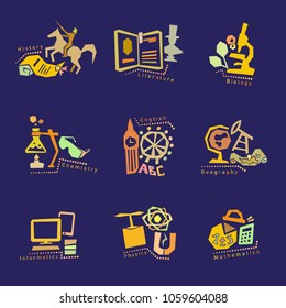 Set with school subjects, education icons for web design. Vector illustration
