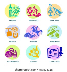 Set with school subjects, education icons for web design. Vector illustration