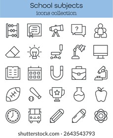 Set of school subjects linear icons. Science, music and art lessons. Geography, physics, history, mathematics, astronomy, biology icons for students curriculum. Flat vector illustration.