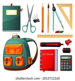 Set of school supplies, accessories isolated on white background: school bag, notepad, notebook, scissors, pencil, brush, compass, eraser, ruler, calculator, marker, sharpener. Vector illustration