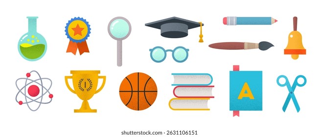 Set of school supplies, accessories and objects, Vector illustration with grainy textures.