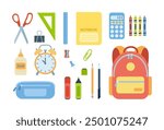 Set of school supplies. Back to school. Backpack, scissors, rulers, notebook, calculator, glue, alarm clock, colored pencils, sharpener, pencil case, markers, pencil, pen, paper clip.