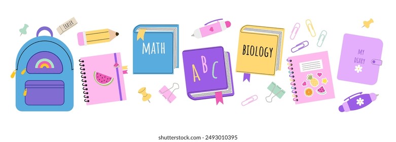 Set of school supplies. Back to school. Backpack, books, pen, pencil, diary, paperclip, pin, eraser. Suitable for prints, cards, scrapbooking, paper crafts. Vector illustration in a flat style.
