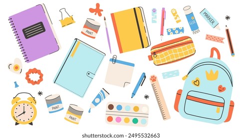  Set of school supplies. Back to school. Backpack, stationery, paints, palette, scotch tape. Vector illustration in flat style. Vector illustration of art supplies and school stationery, cartoon