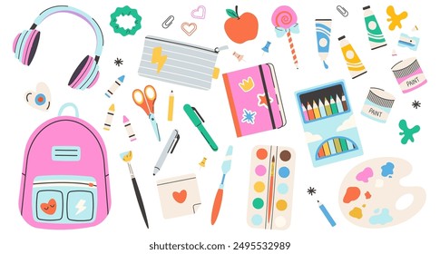 Set of school supplies. Back to school. Backpack, stationery, box of pencils. Vector illustration in flat style. Vector illustration of art supplies and school stationery, cartoon