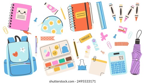  Set of school supplies. Back to school. Backpack, stationery, paints, palette. Vector illustration in flat style. Vector illustration of art supplies and school stationery, cartoon