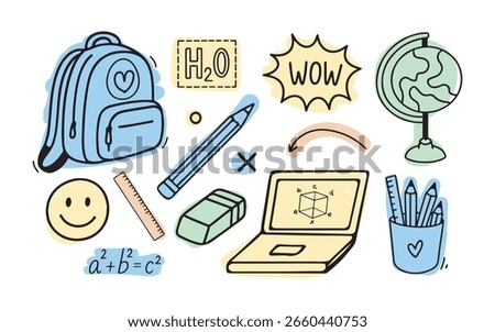 Set of school supplies. Back to school. Black and white sketch illustration with color backgrounds. Vector illustration in doodle style. Backpack, globe, laptop, pencils.